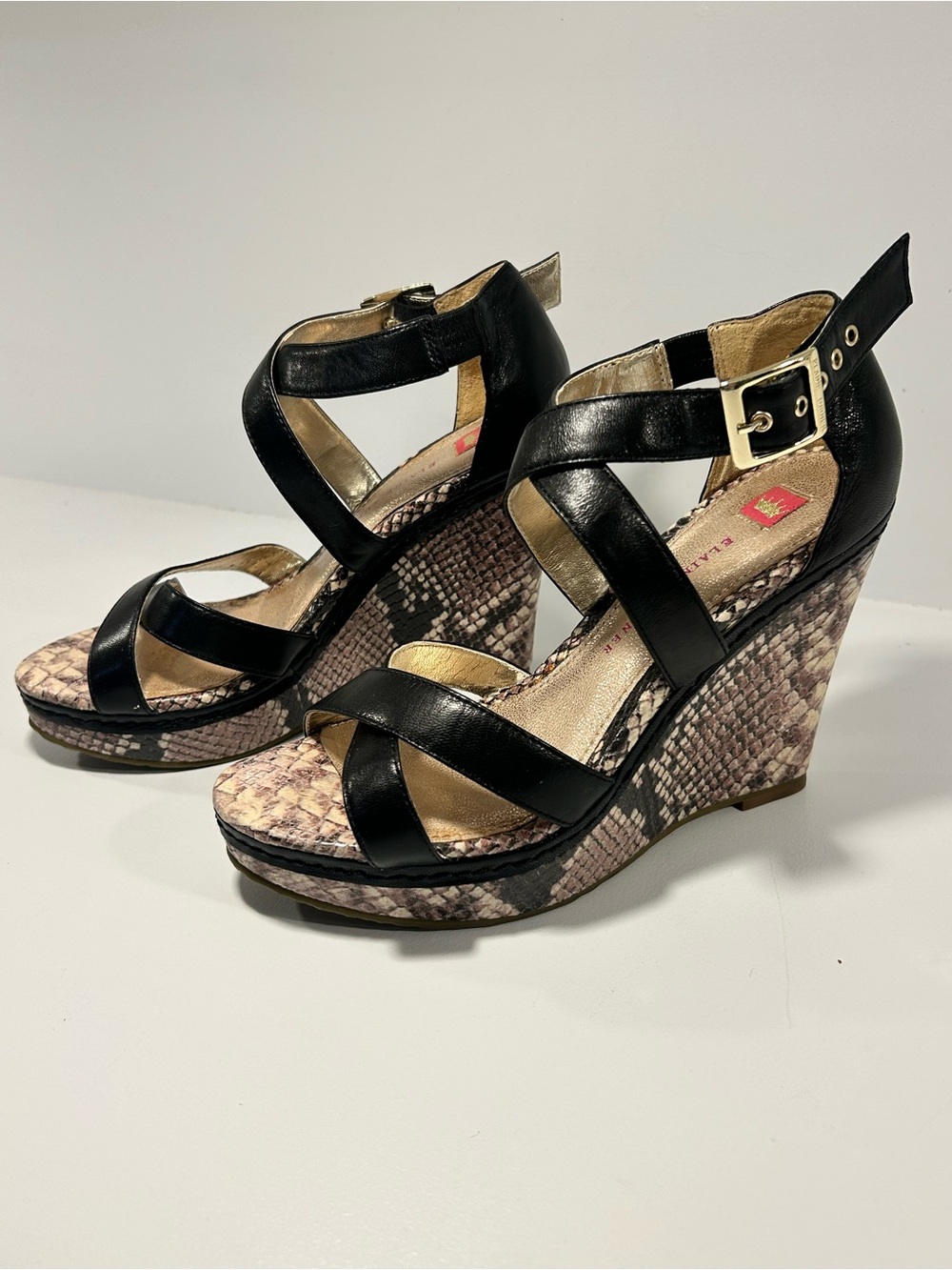 Elaine Turner Black Leather Snakeskin Platform Wedge Sandals Women’s Size 7